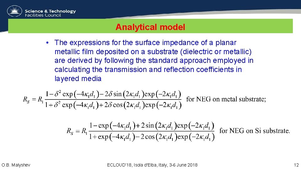 Analytical model • The expressions for the surface impedance of a planar metallic film