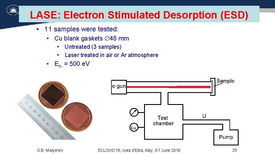 LASE: Electron Stimulated Desorption (ESD) • 11 samples were tested: • Cu blank gaskets