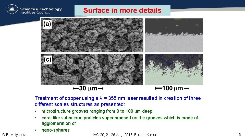 Surface in more details Treatment of copper using a λ = 355 nm laser