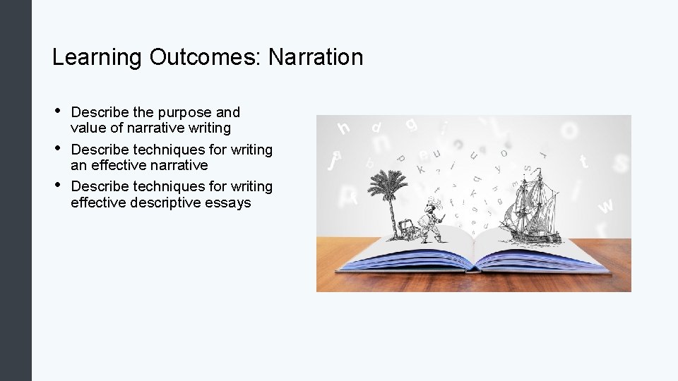 Learning Outcomes: Narration • • • Describe the purpose and value of narrative writing Learning Outcomes: Narration • • • Describe the purpose and value of narrative writing