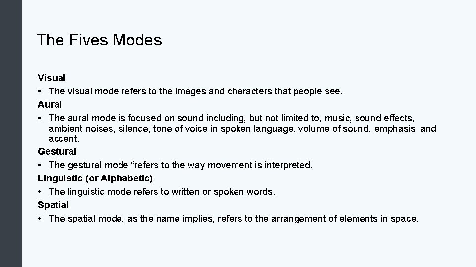 The Fives Modes Visual • The visual mode refers to the images and characters The Fives Modes Visual • The visual mode refers to the images and characters