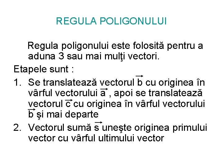 REGULA POLIGONULUI Regula poligonului este folosită pentru a aduna 3 sau mai mulţi vectori.