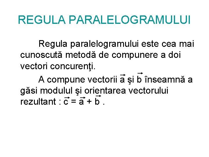 REGULA PARALELOGRAMULUI Regula paralelogramului este cea mai cunoscută metodă de compunere a doi vectori