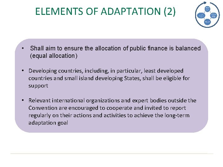 ELEMENTS OF ADAPTATION (2) • Shall aim to ensure the allocation of public finance