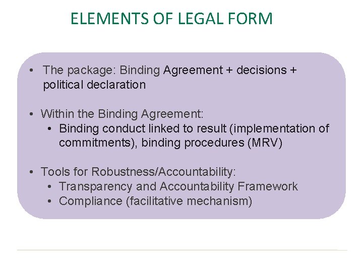 ELEMENTS OF LEGAL FORM • The package: Binding Agreement + decisions + political declaration