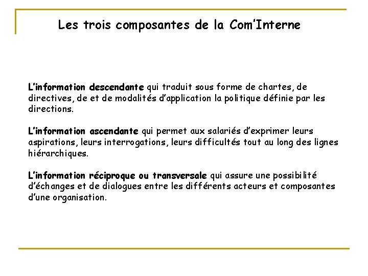 Les trois composantes de la Com’Interne L’information descendante qui traduit sous forme de chartes,