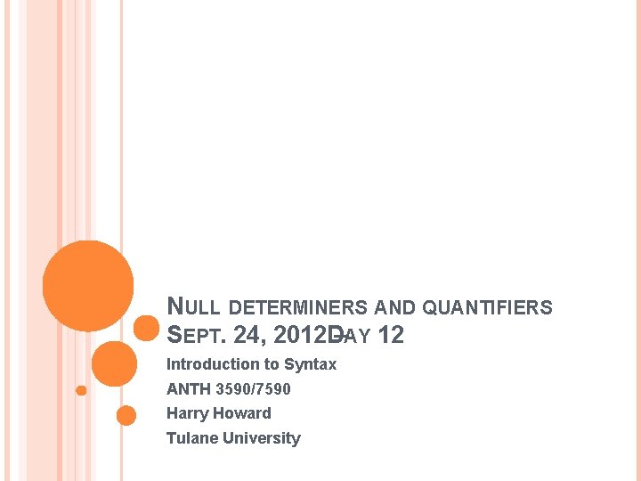 NULL DETERMINERS AND QUANTIFIERS SEPT. 24, 2012 D–AY 12 Introduction to Syntax ANTH 3590/7590