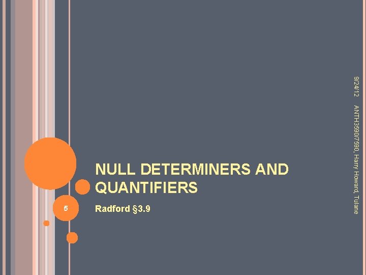 9/24/12 5 Radford § 3. 9 ANTH 3590/7590, Harry Howard, Tulane NULL DETERMINERS AND