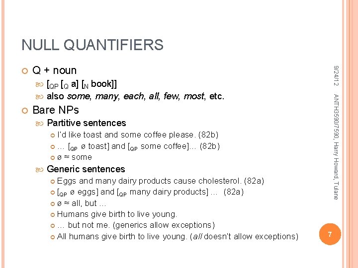 NULL QUANTIFIERS Q + noun 9/24/12 [QP [Q a] [N book]] also some, many,