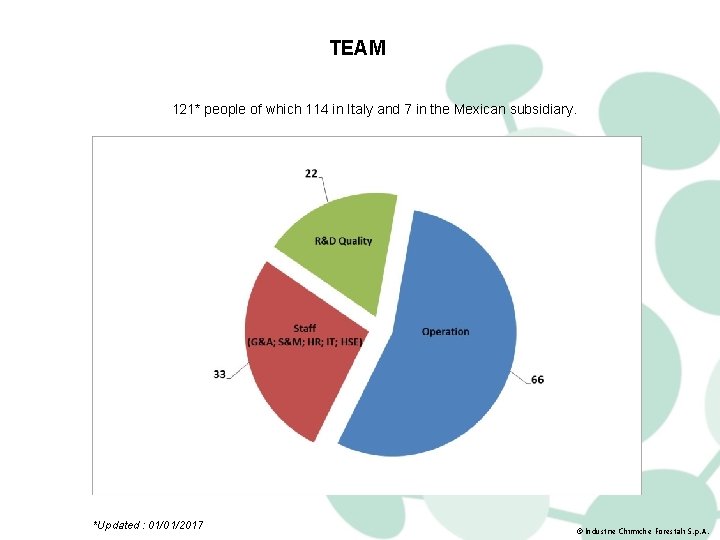 TEAM 121* people of which 114 in Italy and 7 in the Mexican subsidiary.
