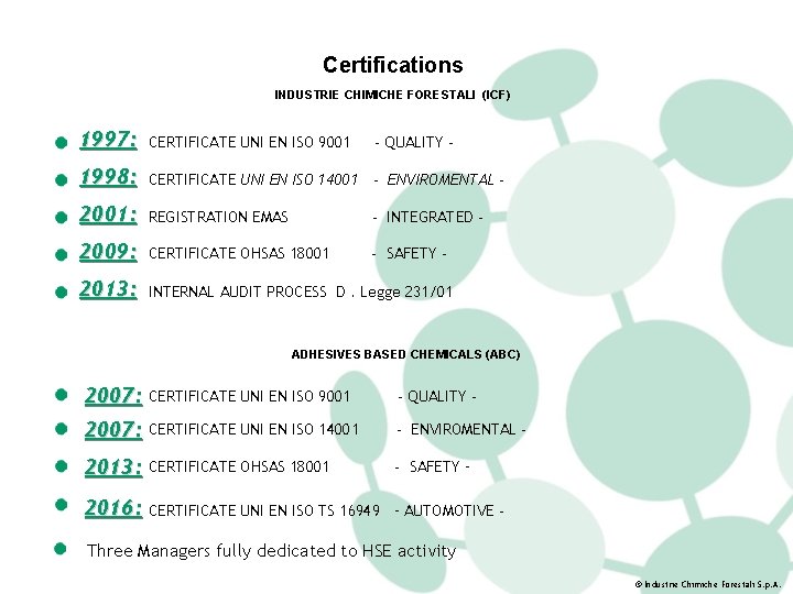 Certifications INDUSTRIE CHIMICHE FORESTALI (ICF) 1997: CERTIFICATE UNI EN ISO 9001 - QUALITY -