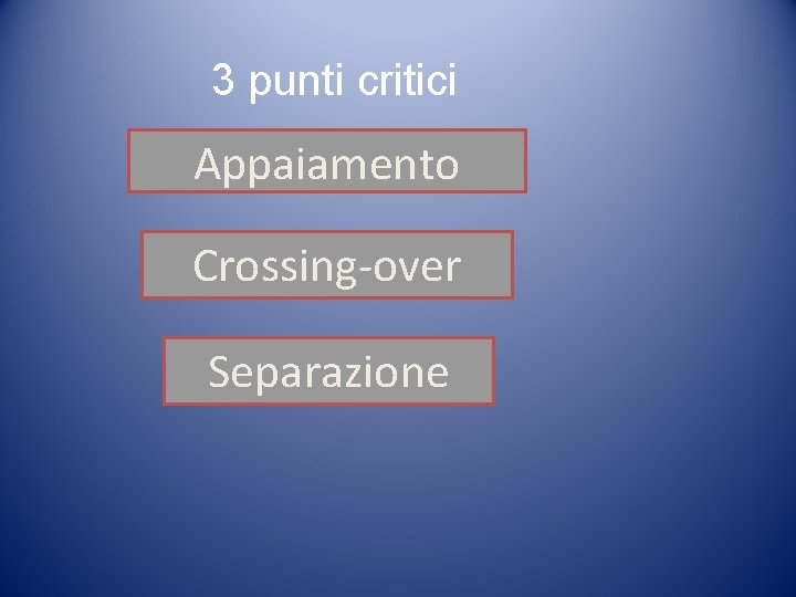 3 punti critici Appaiamento Crossing-over Separazione 3 punti critici Appaiamento Crossing-over Separazione