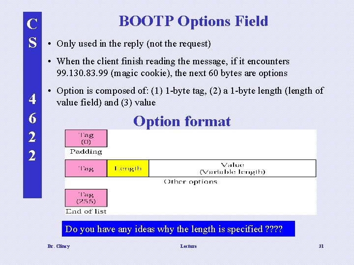 C S BOOTP Options Field • Only used in the reply (not the request) C S BOOTP Options Field • Only used in the reply (not the request)