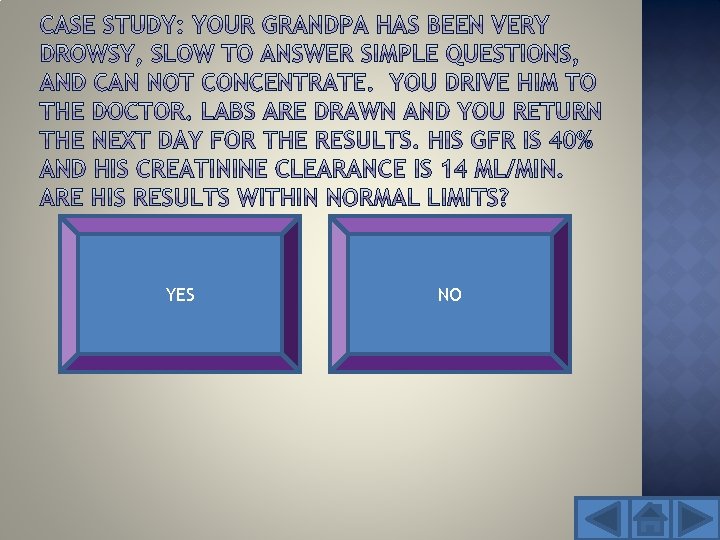 Incorrect. Normal Creatinine Clearance YES for a male is 60 -110 ml/min. Correct! Both