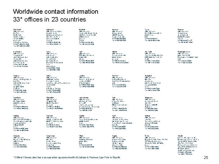 Worldwide contact information 33* offices in 23 countries Abu Dhabi Clifford Chance 9 th Worldwide contact information 33* offices in 23 countries Abu Dhabi Clifford Chance 9 th