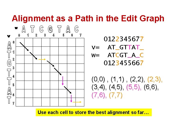 Alignment as a Path in the Edit Graph 0122345677 v= AT_GTTAT_ w= ATCGT_A_C 0123455667