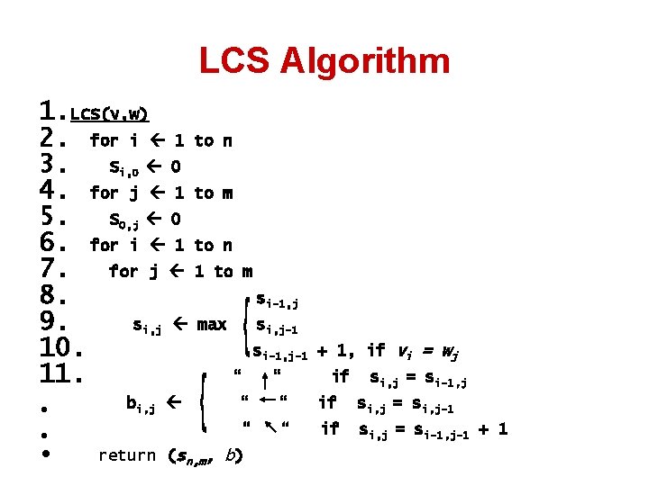 LCS Algorithm 1. LCS(v, w) 2. for i 1 to n 3. Si, 0