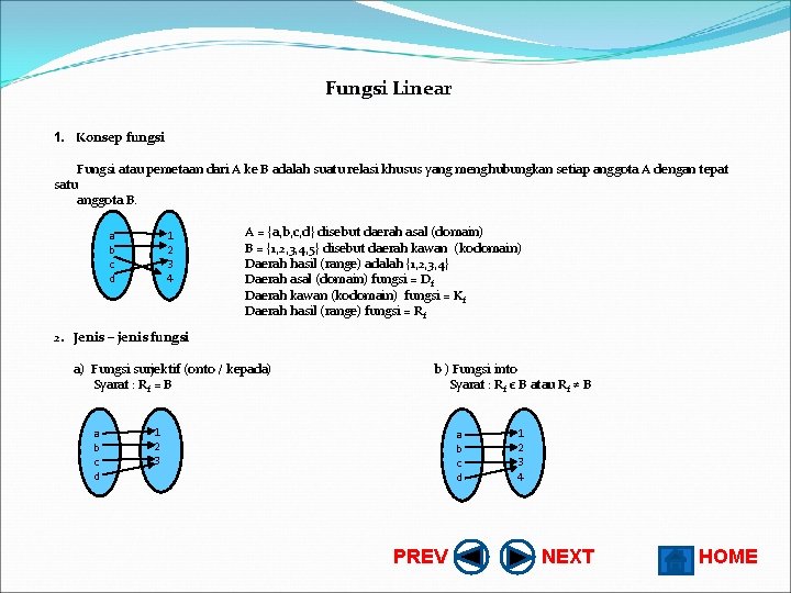 Fungsi Linear 1. Konsep fungsi Fungsi atau pemetaan dari A ke B adalah suatu