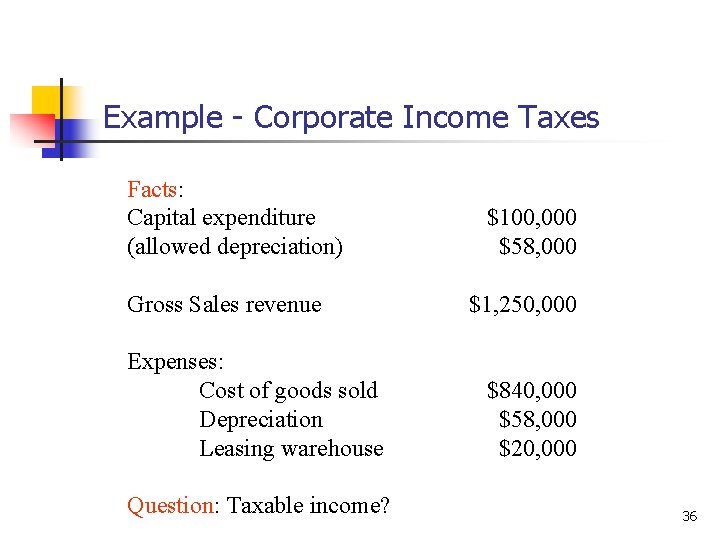 Example - Corporate Income Taxes Facts: Capital expenditure (allowed depreciation) Gross Sales revenue Expenses:
