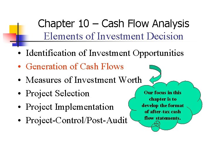 Chapter 10 – Cash Flow Analysis Elements of Investment Decision • • • Identification