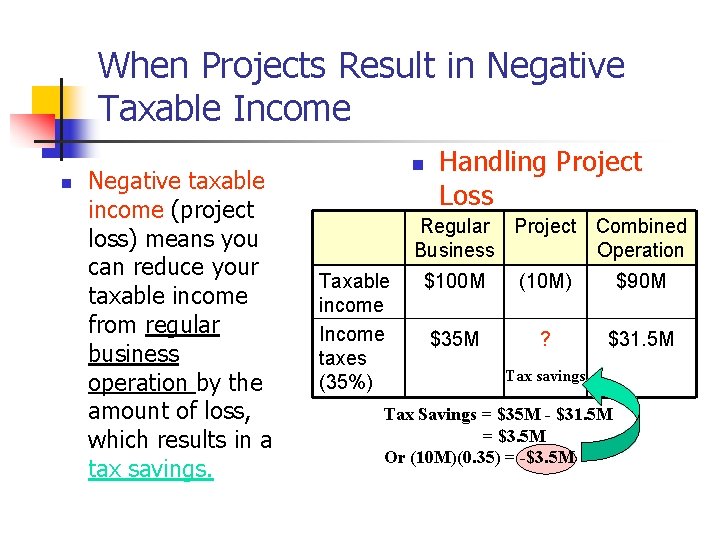 When Projects Result in Negative Taxable Income n Negative taxable income (project loss) means