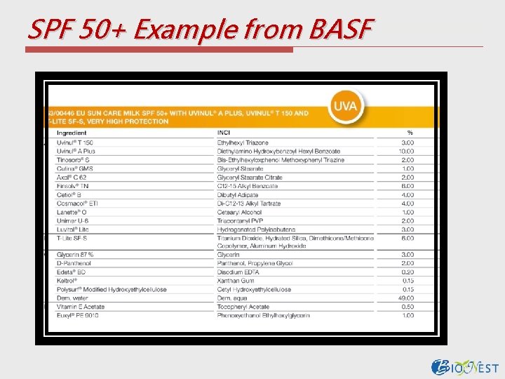 SPF 50+ Example from BASF 