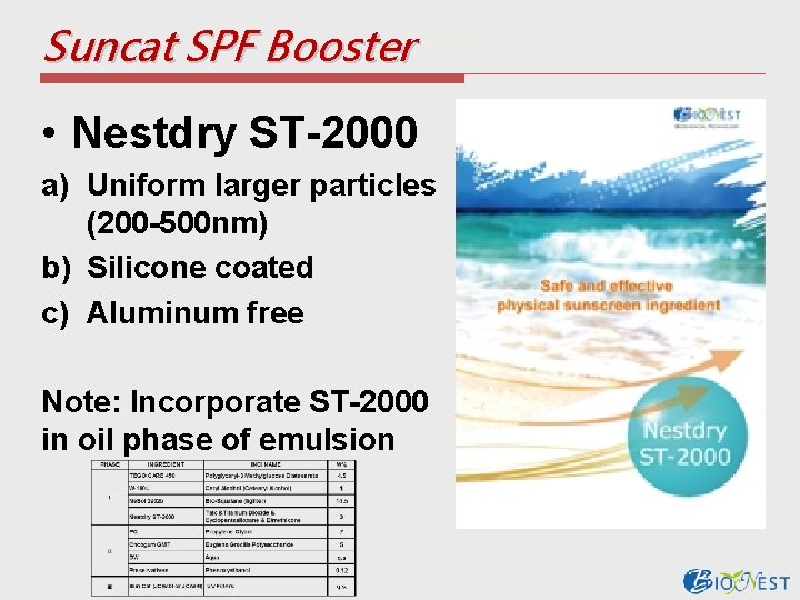 Suncat SPF Booster • Nestdry ST-2000 a) Uniform larger particles (200 -500 nm) b)