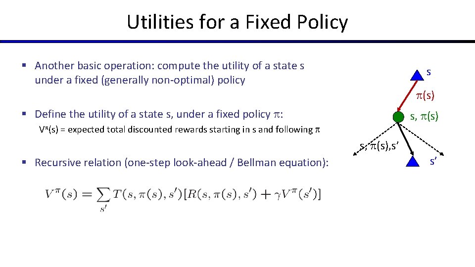 Utilities for a Fixed Policy § Another basic operation: compute the utility of a