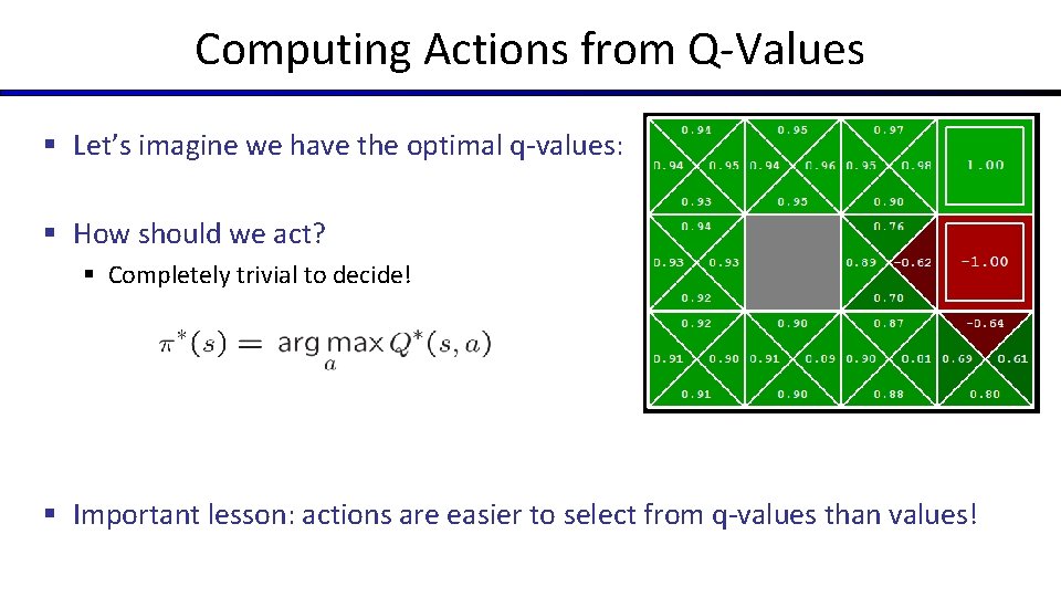 Computing Actions from Q-Values § Let’s imagine we have the optimal q-values: § How