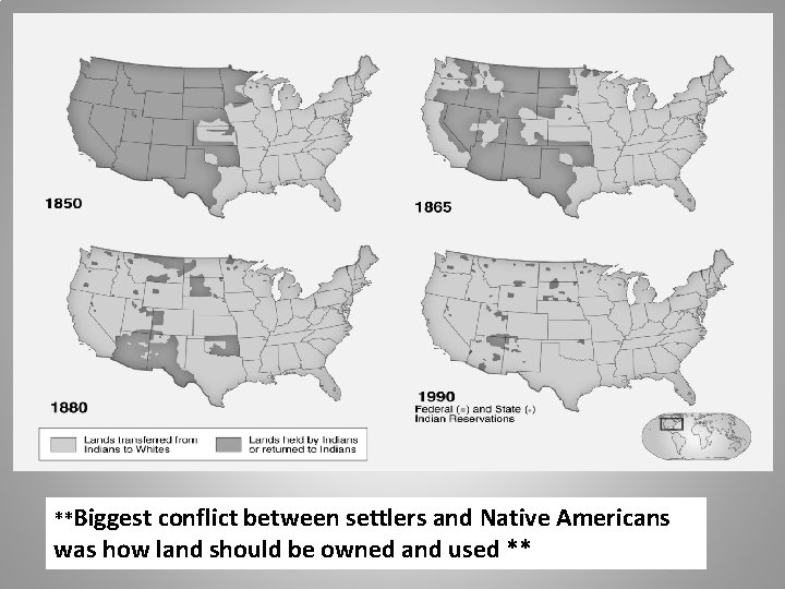**Biggest conflict between settlers and Native Americans was how land should be owned and