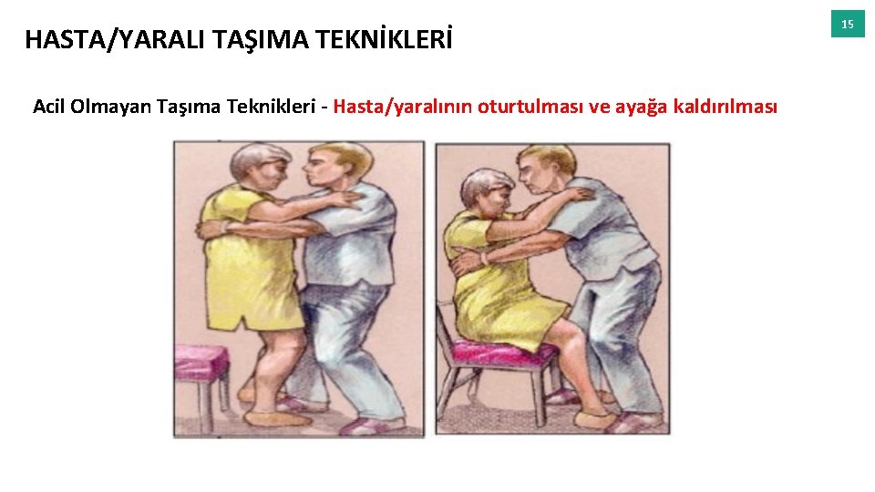 HASTA/YARALI TAŞIMA TEKNİKLERİ Acil Olmayan Taşıma Teknikleri - Hasta/yaralının oturtulması ve ayağa kaldırılması 15