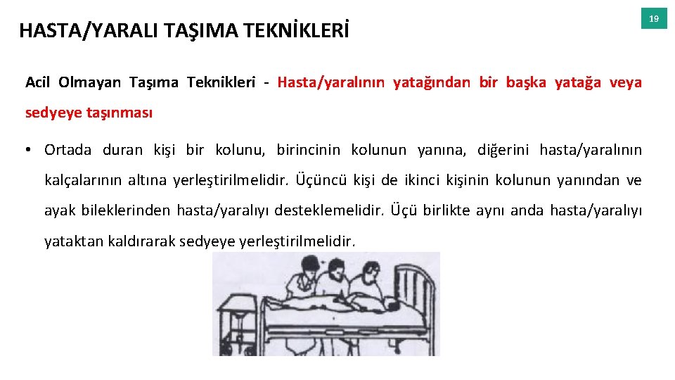 HASTA/YARALI TAŞIMA TEKNİKLERİ Acil Olmayan Taşıma Teknikleri - Hasta/yaralının yatağından bir başka yatağa veya