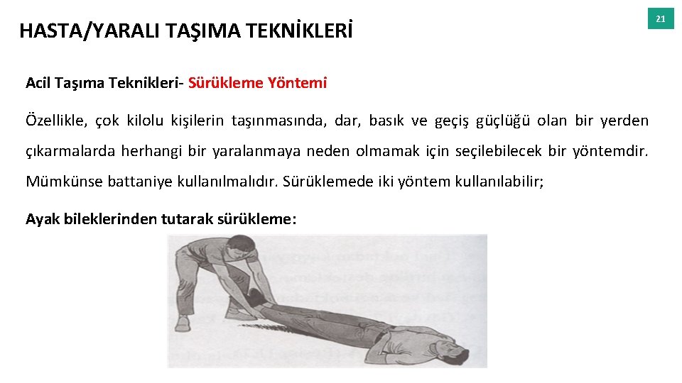 HASTA/YARALI TAŞIMA TEKNİKLERİ Acil Taşıma Teknikleri- Sürükleme Yöntemi Özellikle, çok kilolu kişilerin taşınmasında, dar,