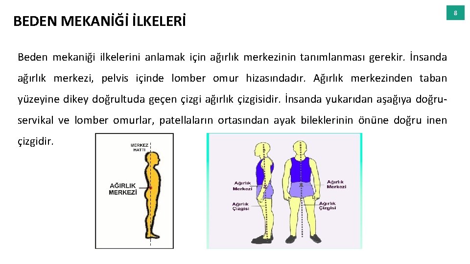 BEDEN MEKANİĞİ İLKELERİ Beden mekaniği ilkelerini anlamak için ağırlık merkezinin tanımlanması gerekir. İnsanda ağırlık