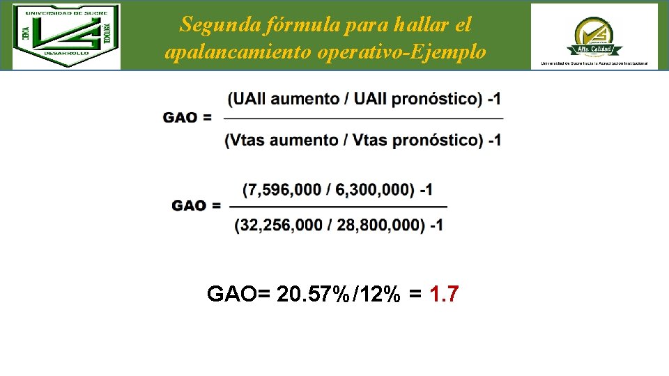 Segunda fórmula para hallar el apalancamiento operativo-Ejemplo GAO= 20. 57%/12% = 1. 7 