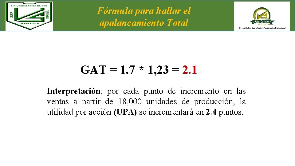 Fórmula para hallar el apalancamiento Total GAT = 1. 7 * 1, 23 =