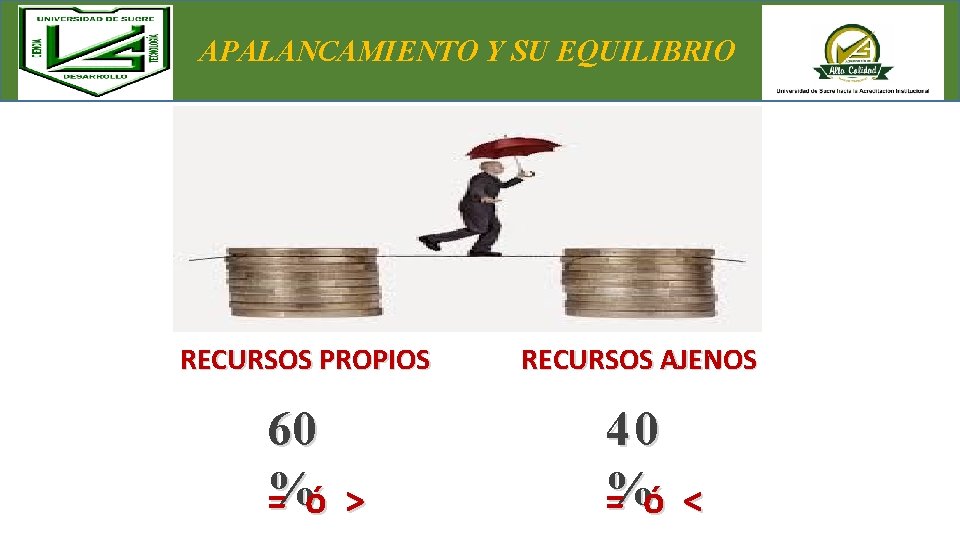 APALANCAMIENTO Y SU EQUILIBRIO RECURSOS PROPIOS RECURSOS AJENOS 60 % = ó 40 %