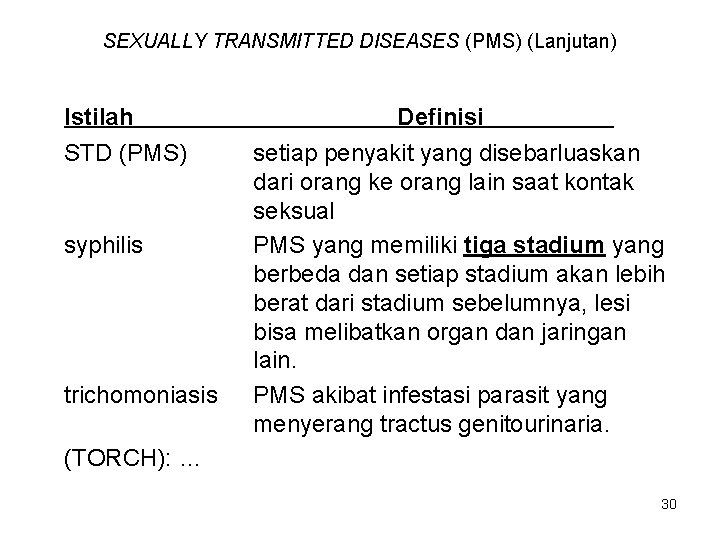 SEXUALLY TRANSMITTED DISEASES (PMS) (Lanjutan) Istilah STD (PMS) syphilis trichomoniasis Definisi setiap penyakit yang