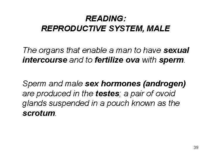 READING: REPRODUCTIVE SYSTEM, MALE The organs that enable a man to have sexual intercourse