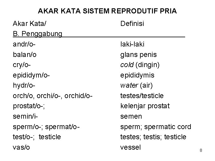 AKAR KATA SISTEM REPRODUTIF PRIA Akar Kata/ B. Penggabung andr/obalan/o cry/oepididym/ohydr/oorch/o, orchi/o-, orchid/oprostat/o-; semin/isperm/o-;