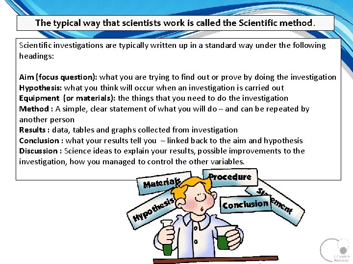 The typical way that scientists work is called the Scientific method. Scientific investigations are The typical way that scientists work is called the Scientific method. Scientific investigations are