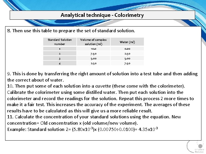 Analytical technique - Colorimetry 8. Then use this table to prepare the set of Analytical technique - Colorimetry 8. Then use this table to prepare the set of