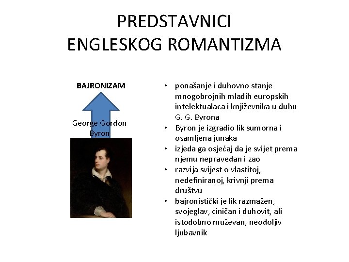 PREDSTAVNICI ENGLESKOG ROMANTIZMA BAJRONIZAM George Gordon Byron • ponašanje i duhovno stanje mnogobrojnih mladih