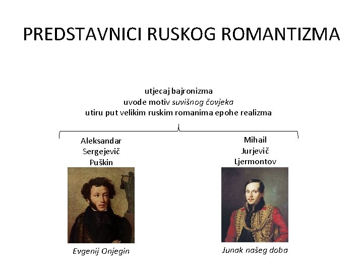 PREDSTAVNICI RUSKOG ROMANTIZMA utjecaj bajronizma uvode motiv suvišnog čovjeka utiru put velikim ruskim romanima