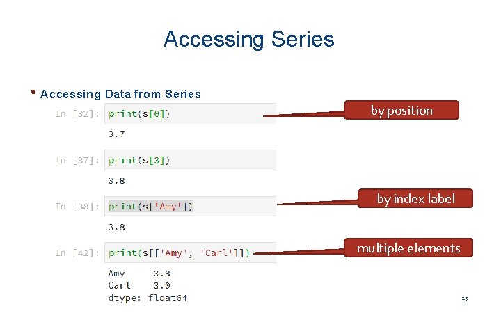Accessing Series • Accessing Data from Series by position by index label multiple elements