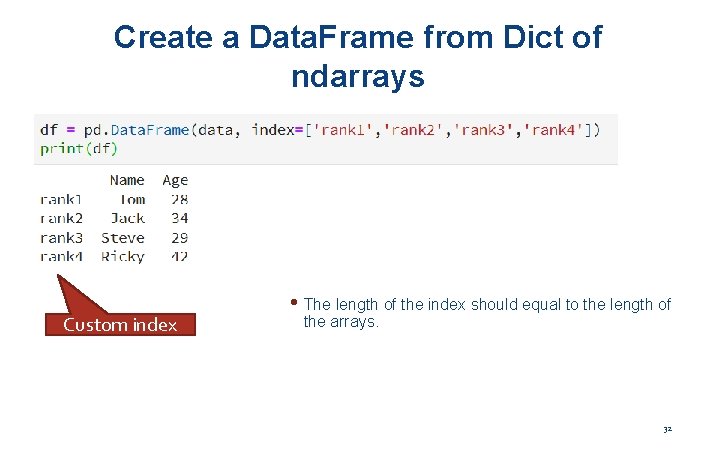 Create a Data. Frame from Dict of ndarrays Custom index • The length of