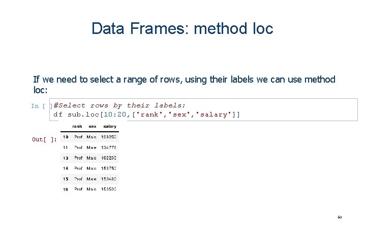 Data Frames: method loc If we need to select a range of rows, using