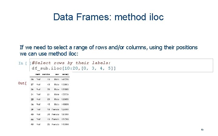 Data Frames: method iloc If we need to select a range of rows and/or