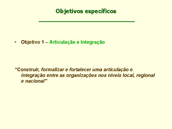 Objetivos específicos • Objetivo 1 – Articulação e Integração “Construir, formalizar e fortalecer uma