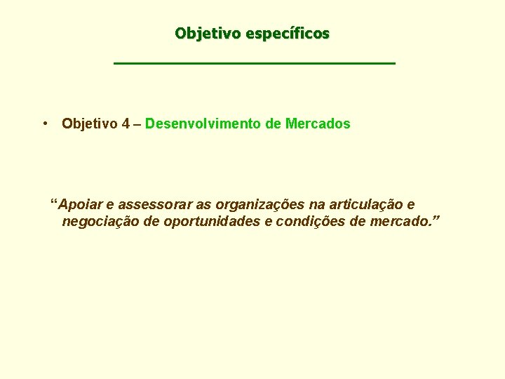 Objetivo específicos • Objetivo 4 – Desenvolvimento de Mercados “Apoiar e assessorar as organizações
